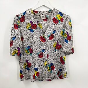 Vintage La Panthera Floral Print Button-up Blouse Short Sleeve Multi Size Medium